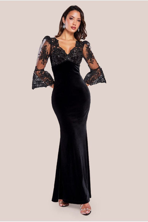 Scalloped Lace & Velvet Maxi Dress - Solid Black by Goddiva