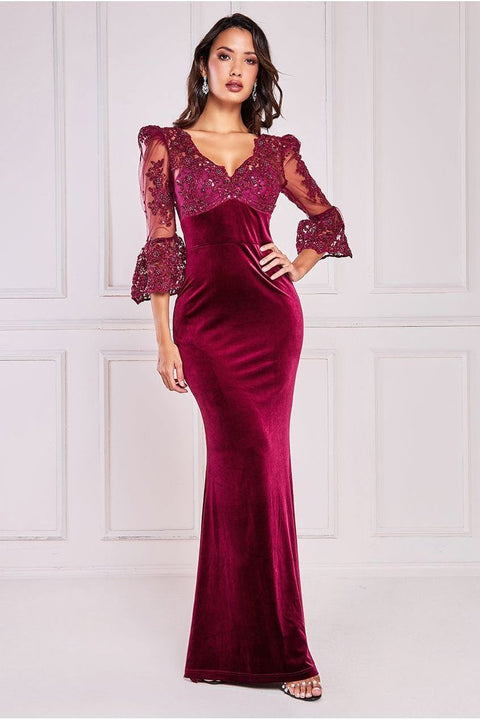 Scalloped Lace & Velvet Maxi Dress - Burgundy by Goddiva