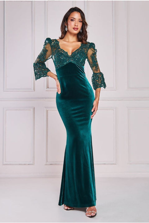 Scalloped Lace & Velvet Maxi Dress - Emerald Green by Goddiva