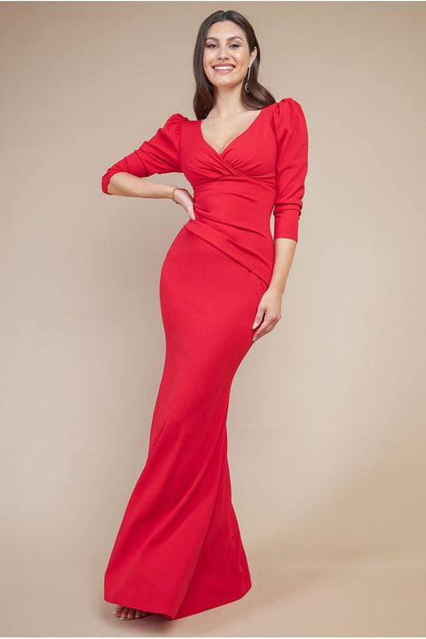 Front Wrap Pleated Scuba Maxi Dress - Red by Goddiva