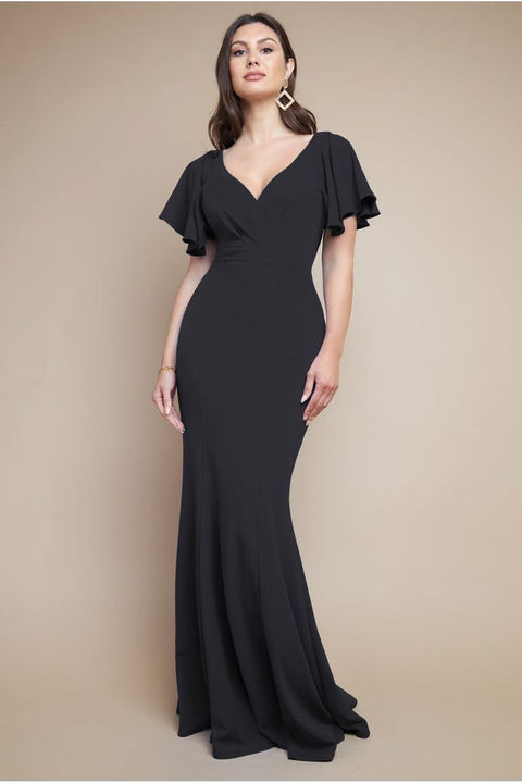 Flared Sleeve Front Wrap Maxi Dress - Black by Goddiva