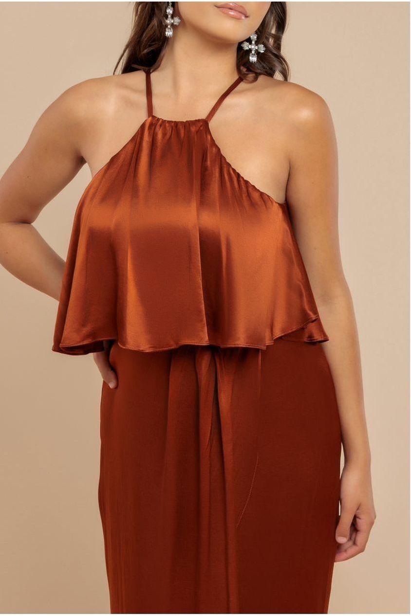 Satin Viscose Front Wrap Midaxi Dress - Brown DR4002