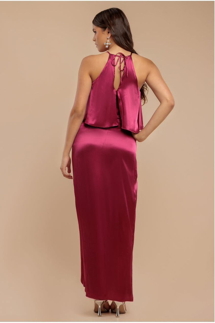 Satin Viscose Front Wrap Midaxi Dress - Burgundy DR4002