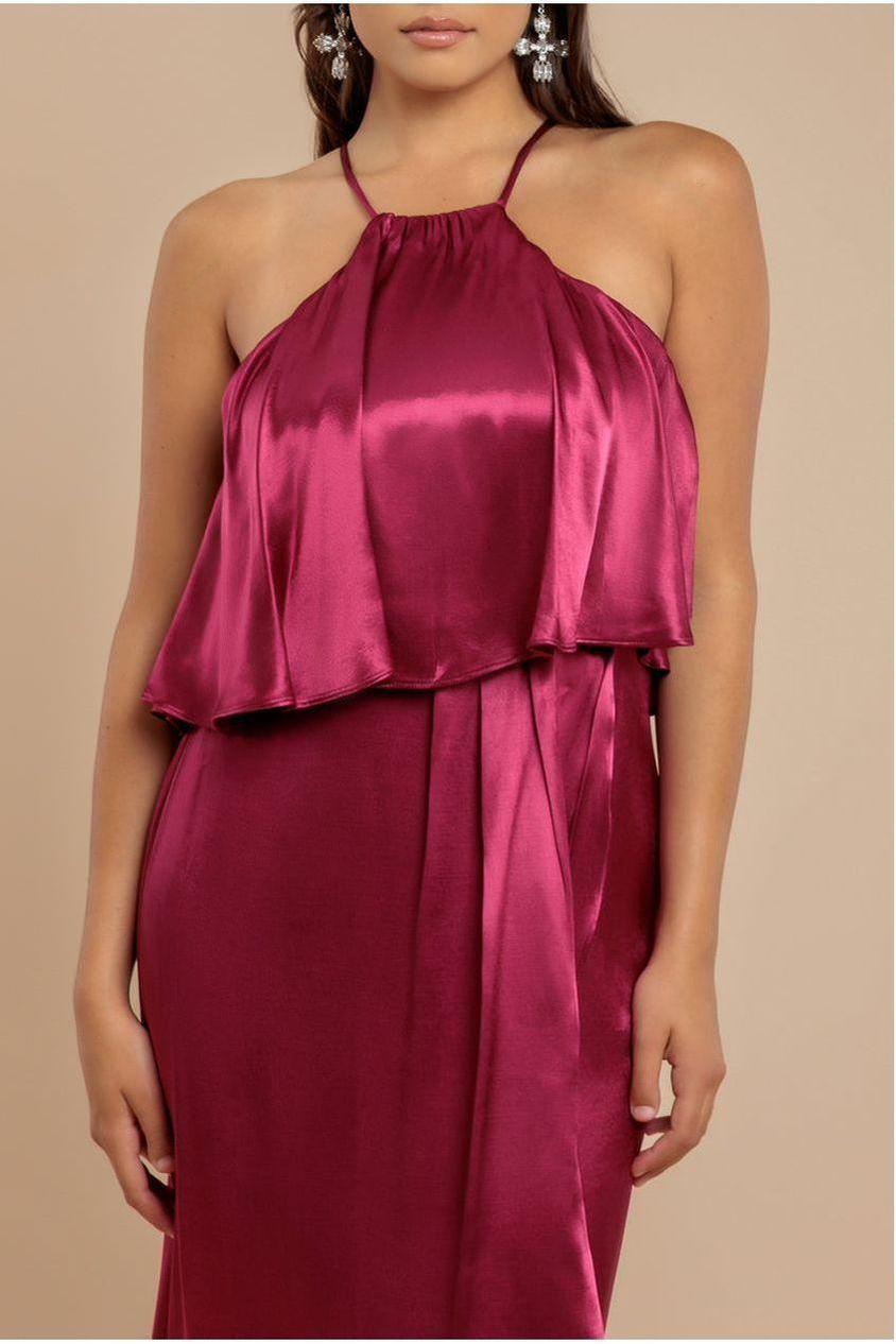Satin Viscose Front Wrap Midaxi Dress - Burgundy DR4002
