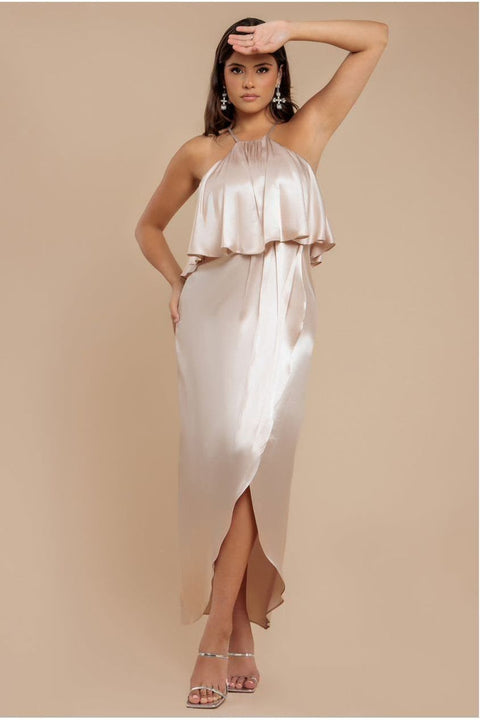 Satin Viscose Front Wrap Midaxi Dress - Champagne by Goddiva