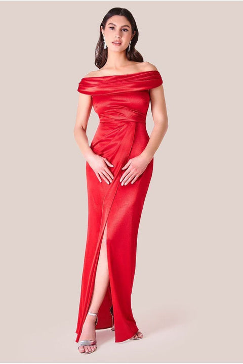 Cowl Bardot Satin Twill Maxi Dress - Red by Goddiva