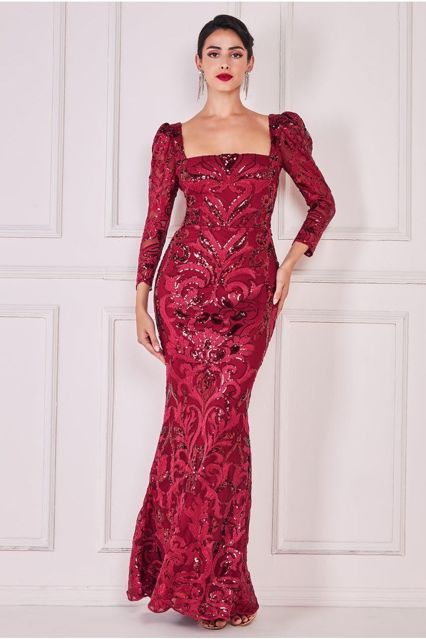 Square Neck Scalloped Lace Maxi - Wine DR4016