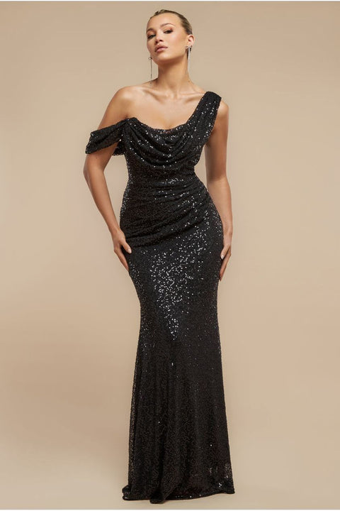 Sequin Cowl One Shoulder Maxi Dress - Black by Goddiva