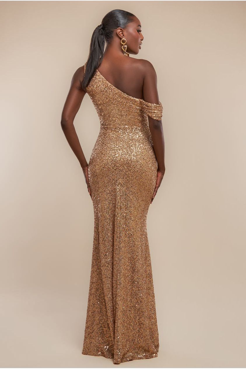 Sequin Cowl One Shoulder Maxi Dress - Gold DR4020