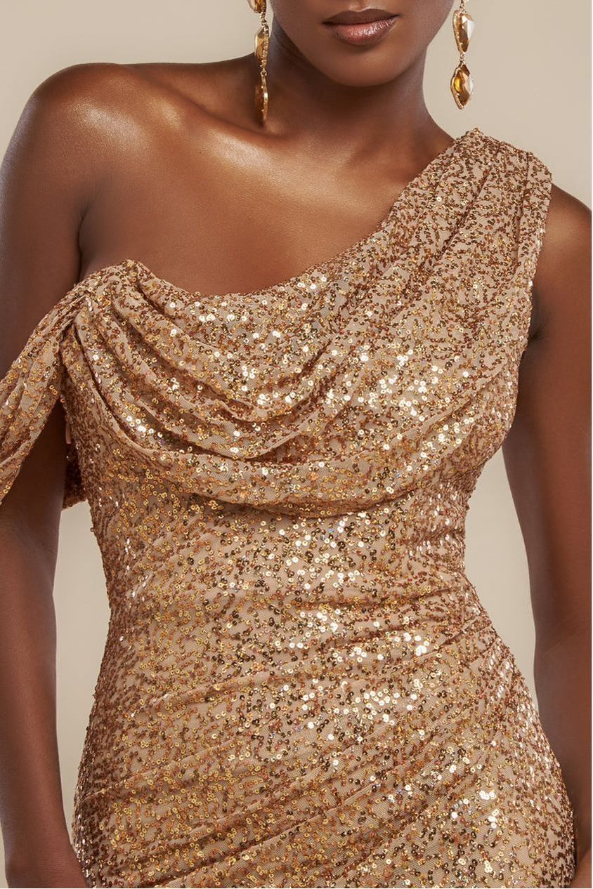 Sequin Cowl One Shoulder Maxi Dress - Gold DR4020