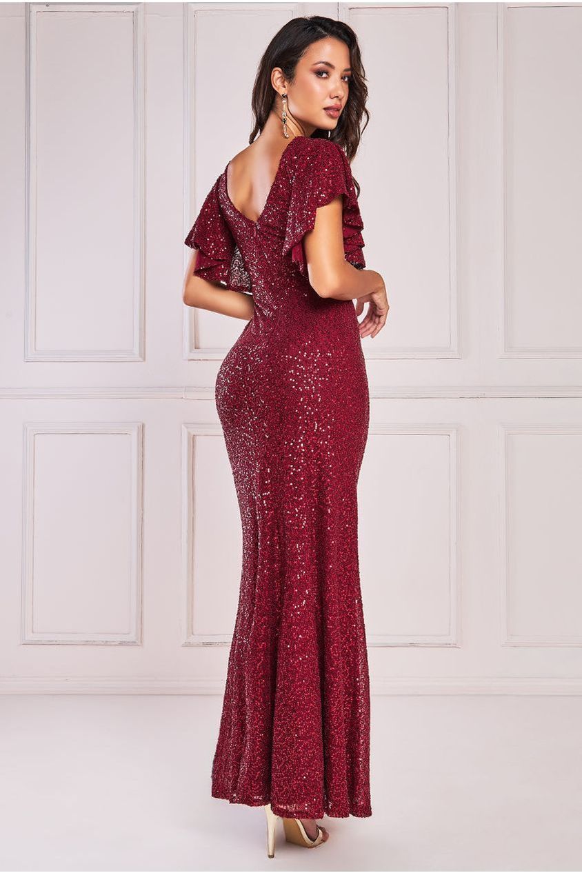 Sequin Flutter Sleeve Maxi - Wine DR4021