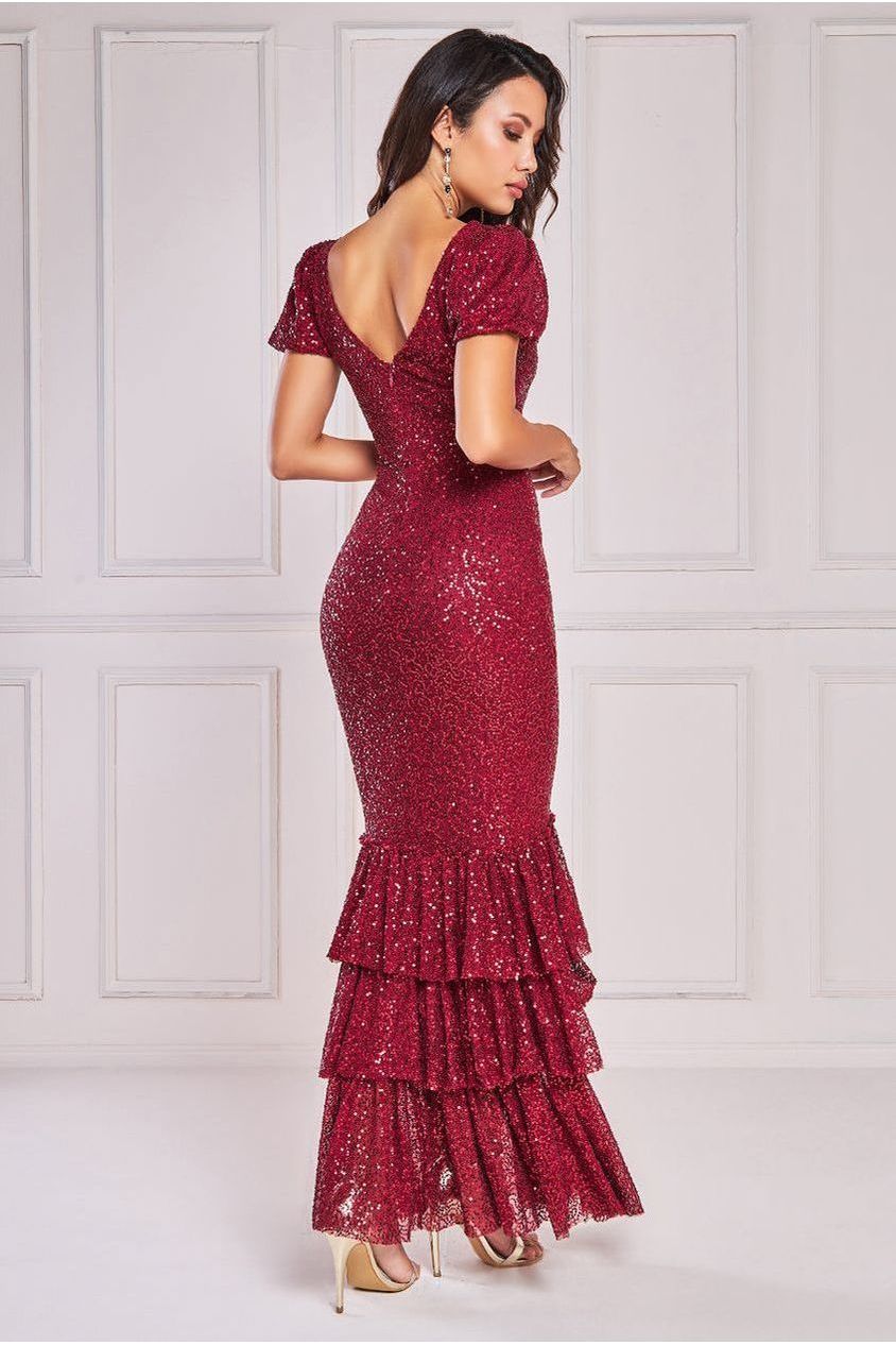Puff Sleeve Tiered Hem Maxi Dress - Wine DR4022