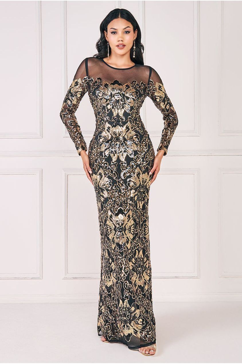 Floral Sequin Mesh Maxi - Gold DR4041