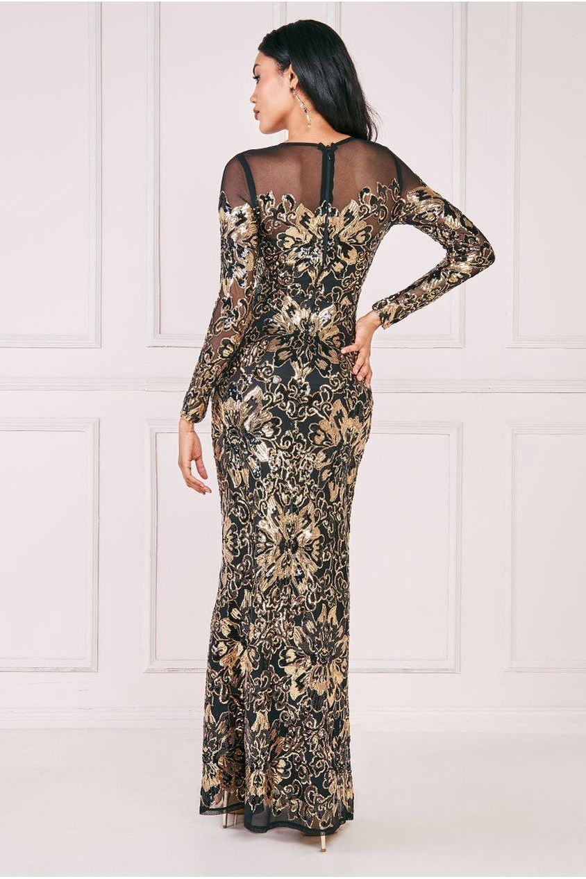Floral Sequin Mesh Maxi - Gold DR4041