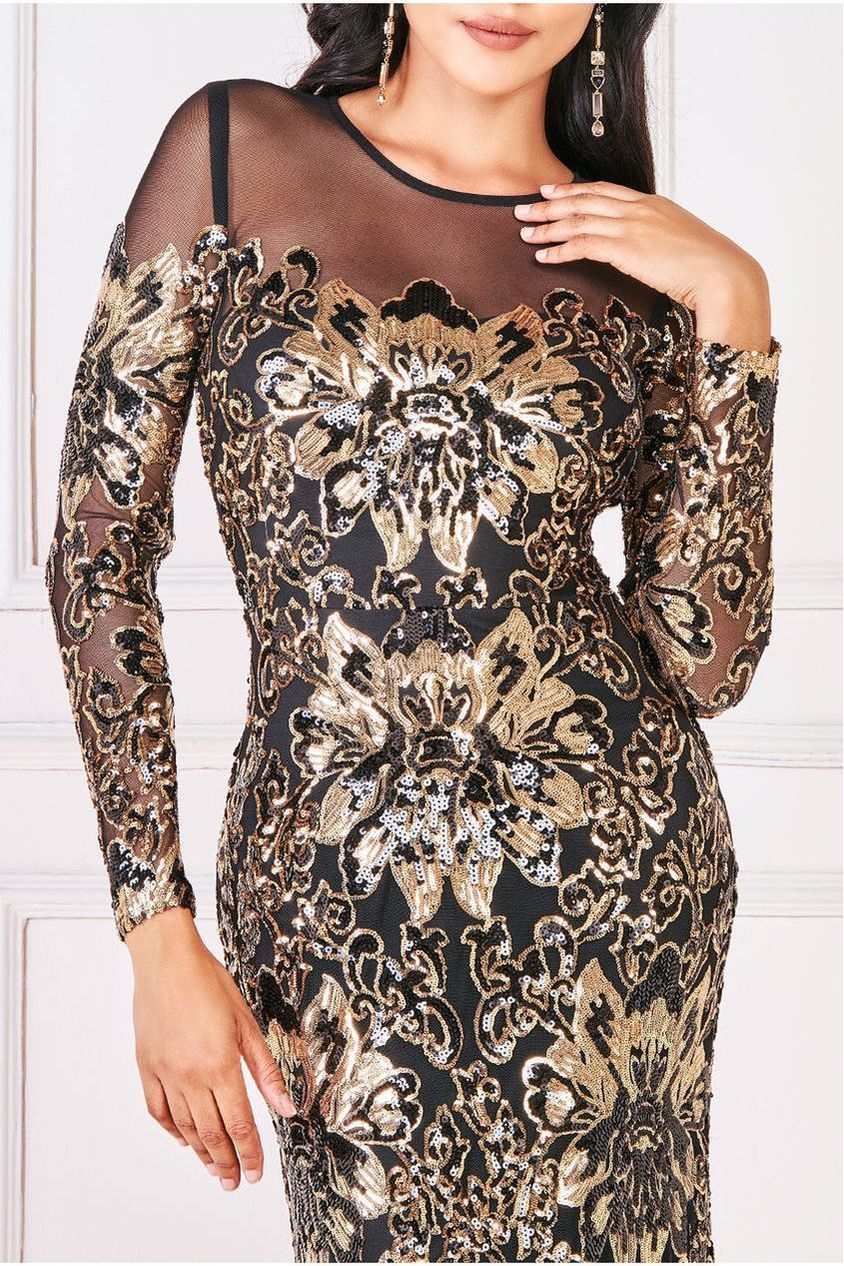 Floral Sequin Mesh Maxi - Gold DR4041