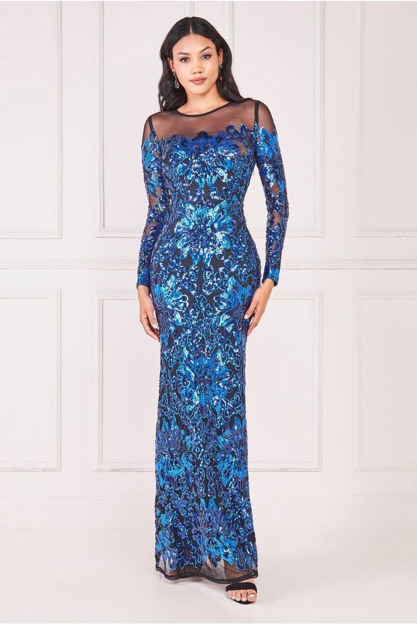 Floral Sequin Mesh Maxi - Navy DR4041