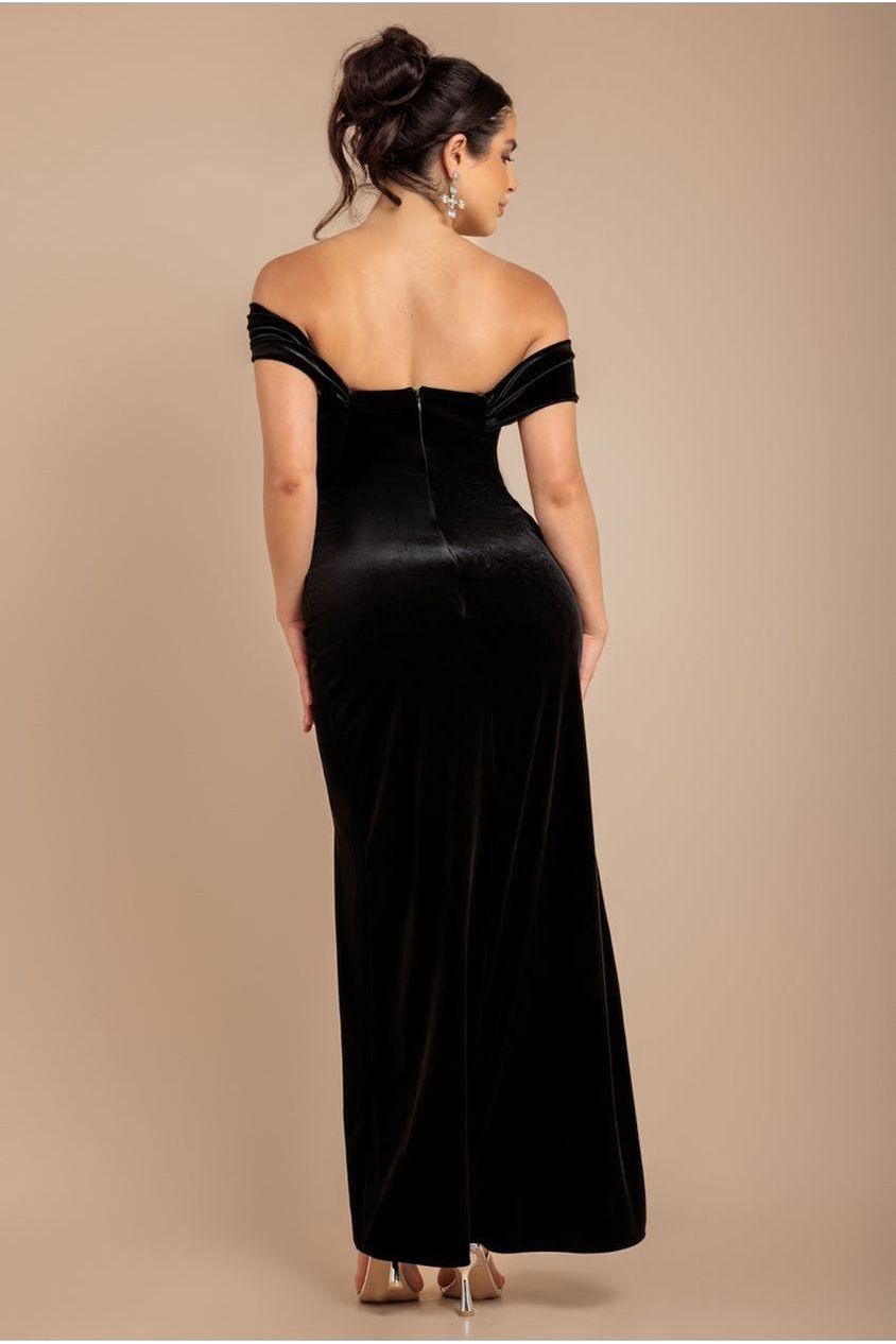 Draped Shoulder Velvet Corset Maxi Dress - Black DR4044