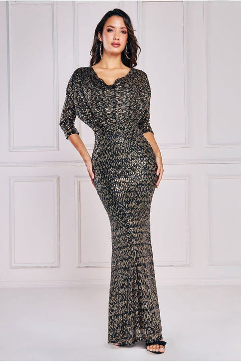 Sequin Cowl Maxi Dress - Black by Goddiva