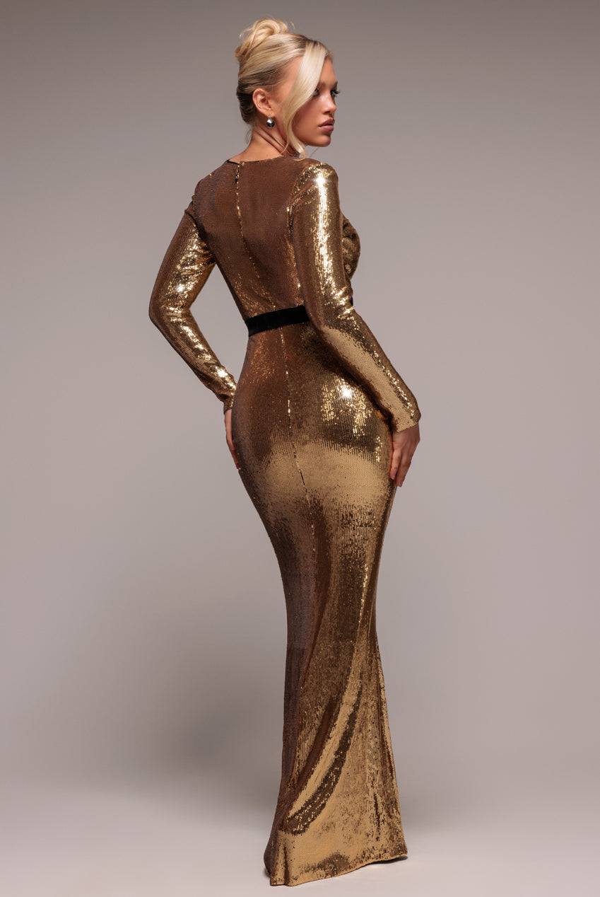 Liquid Sequin Corsage Maxi Dress - Gold DR4056