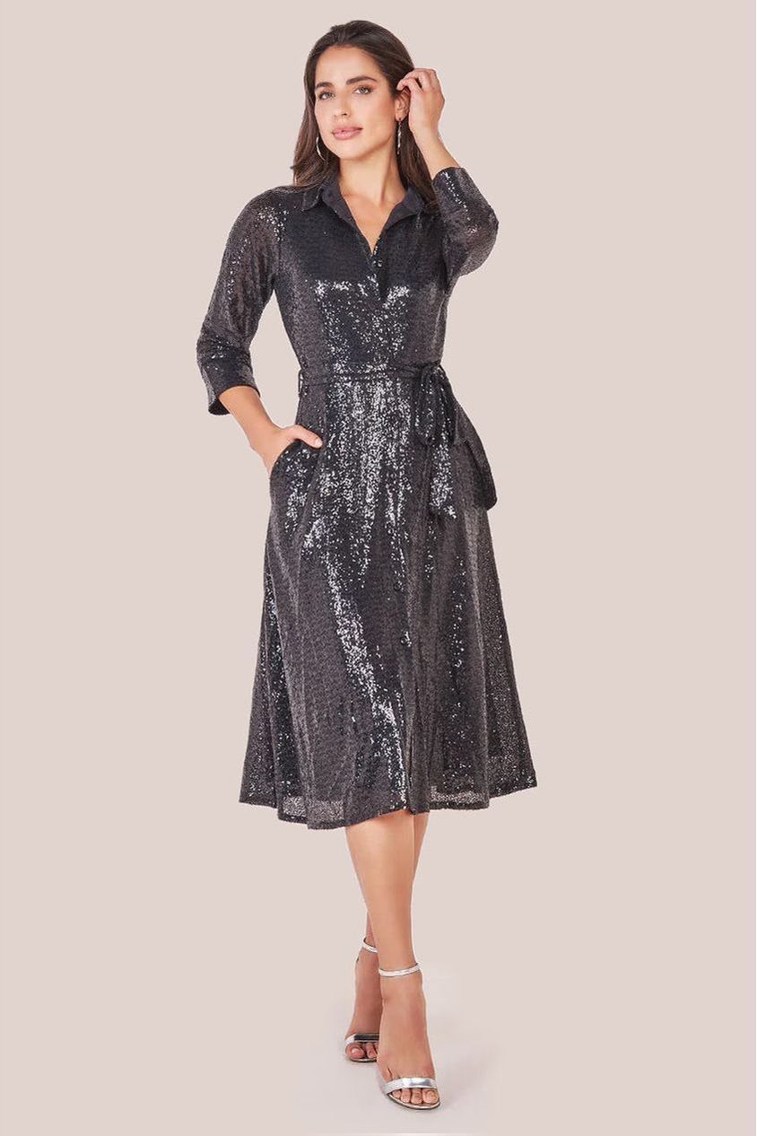 Sequin Skater Shirt Dress - Black DR4061