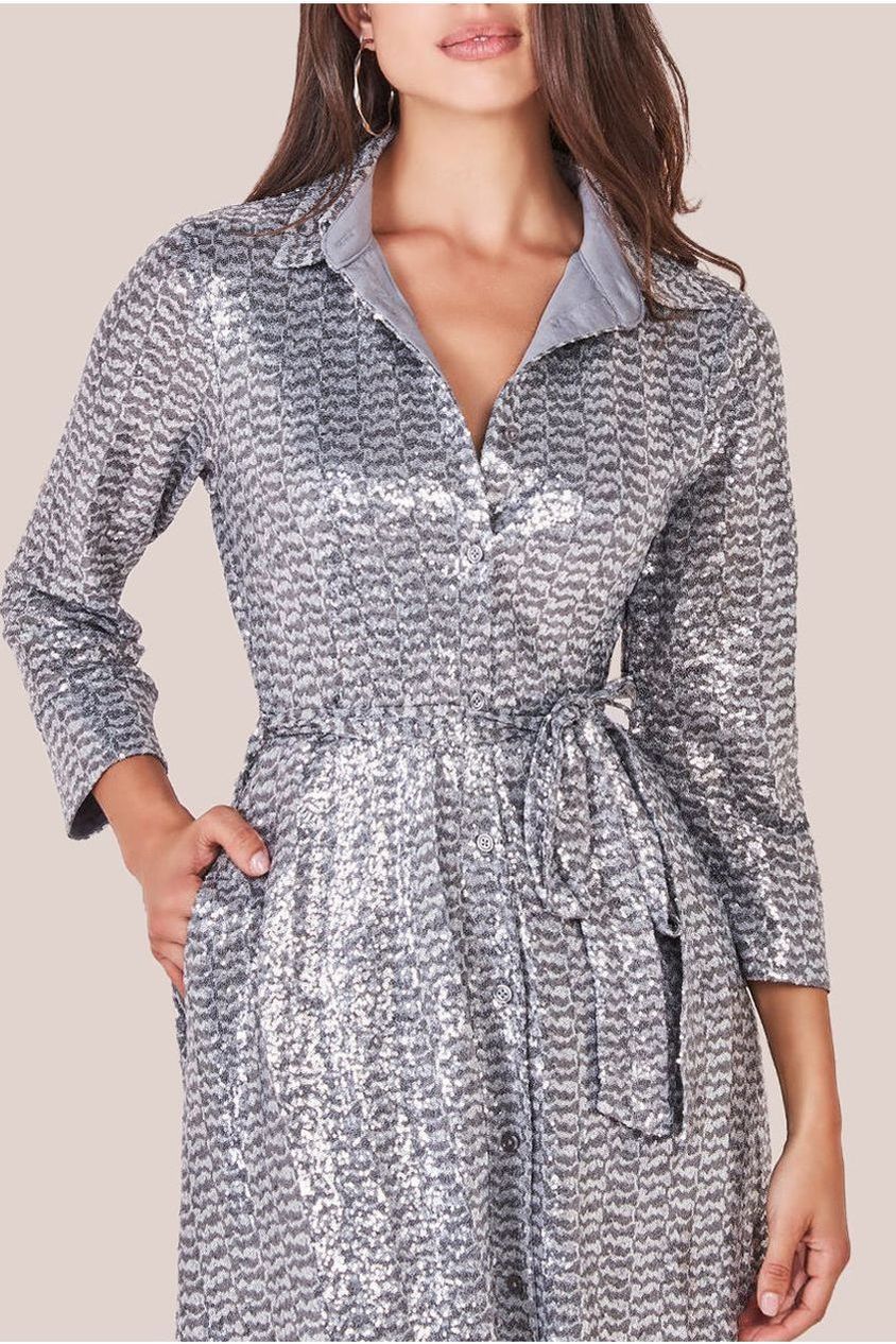 Sequin Skater Shirt Dress - Silver DR4061