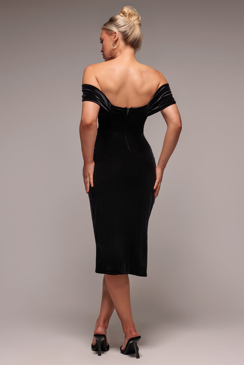Draped Shoulder Velvet Corset Midi Dress - Black DR4066