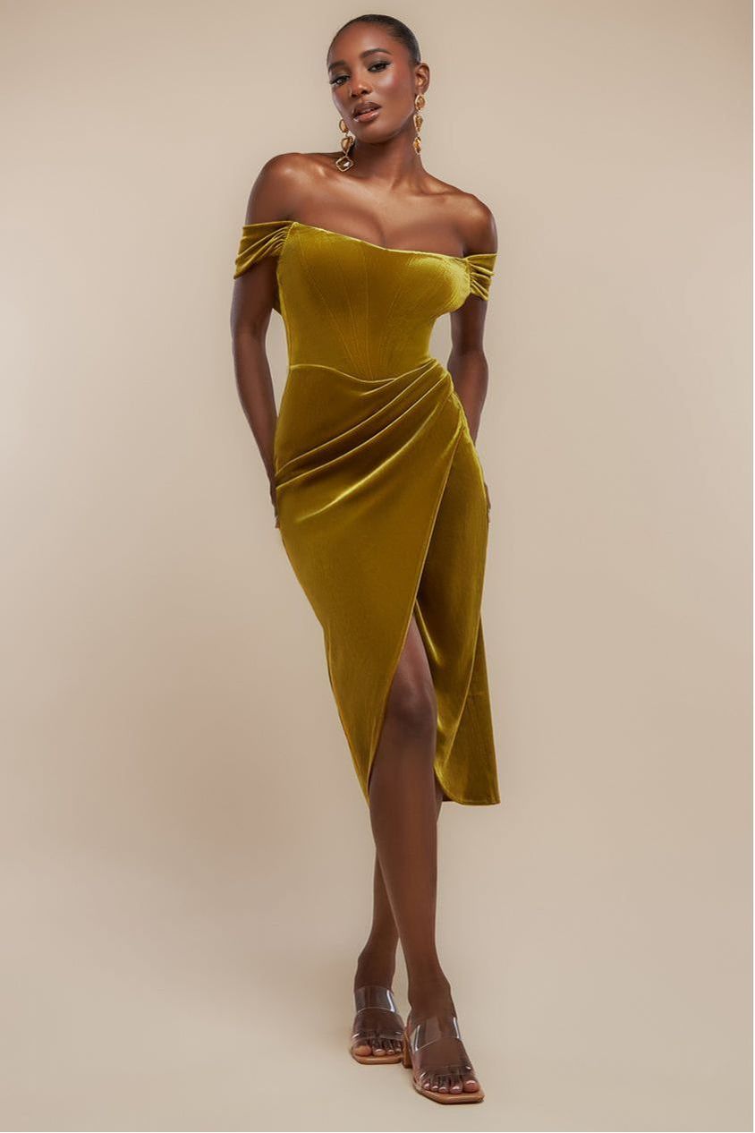 Draped Shoulder Velvet Corset Midi Dress - Olive Green DR4066