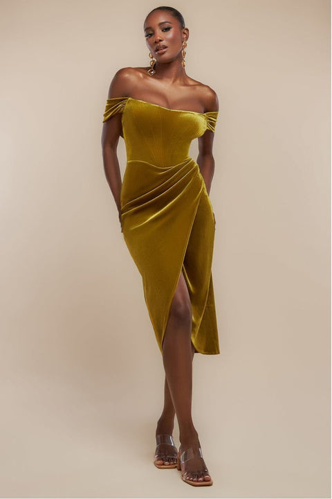 Draped Shoulder Velvet Corset Midi Dress - Olive Green by Goddiva