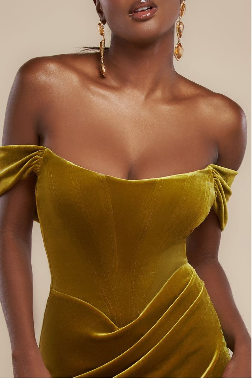 Draped Shoulder Velvet Corset Midi Dress - Olive Green DR4066