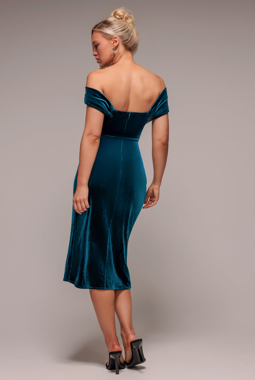 Draped Shoulder Velvet Corset Midi Dress - Tealblue DR4066