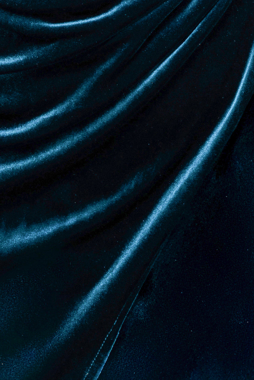 Draped Shoulder Velvet Corset Midi Dress - Tealblue DR4066