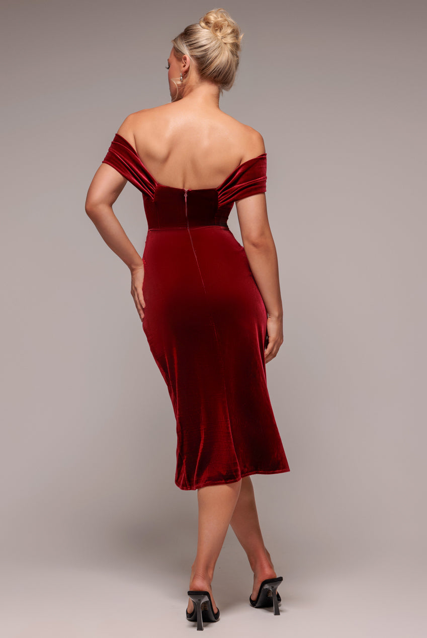 Draped Shoulder Velvet Corset Midi Dress - Wine DR4066