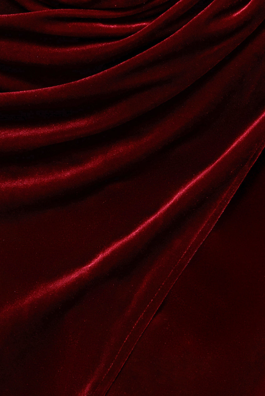 Draped Shoulder Velvet Corset Midi Dress - Wine DR4066