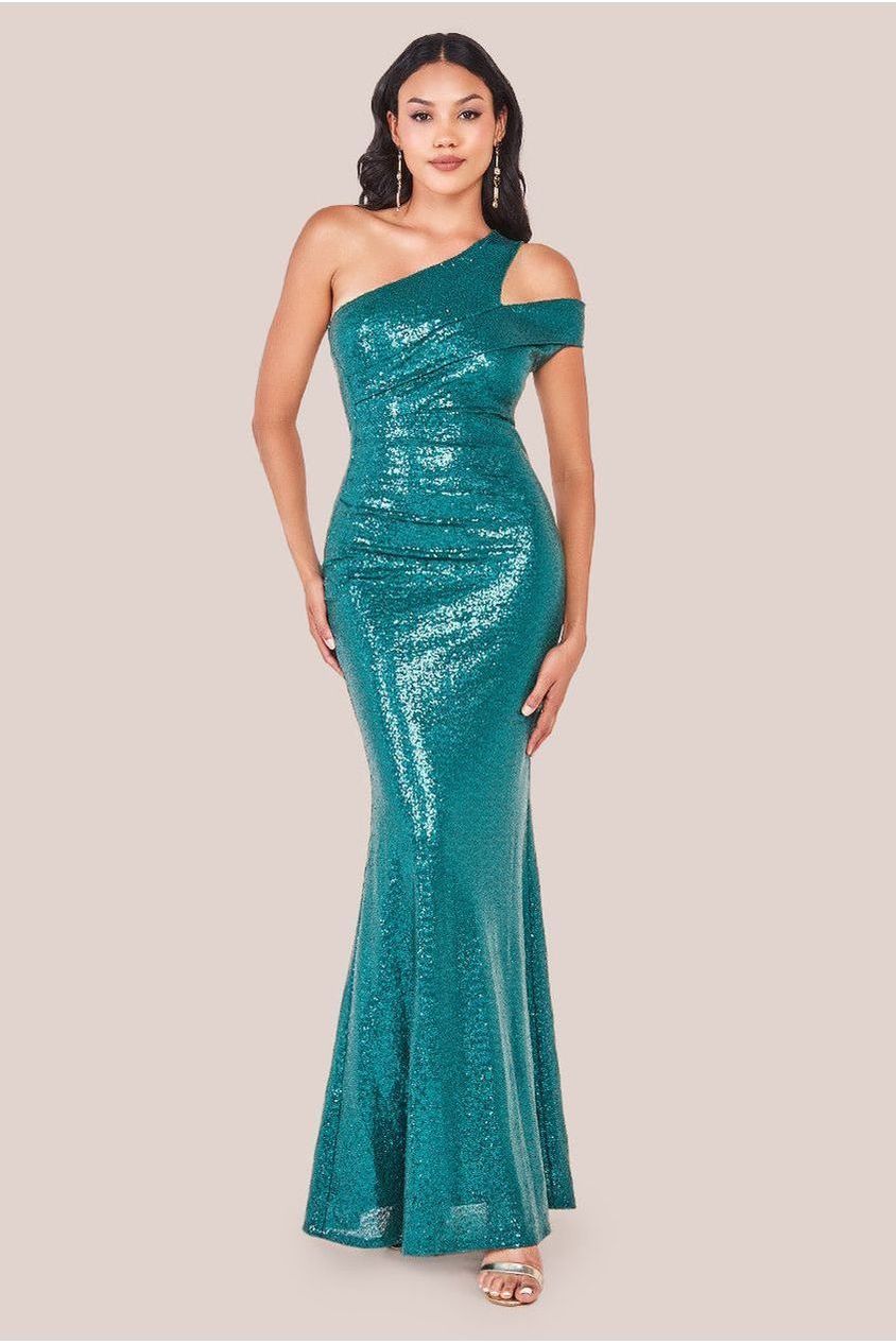 One Shoulder Sequin Evening Maxi - Emerald Green DR4069