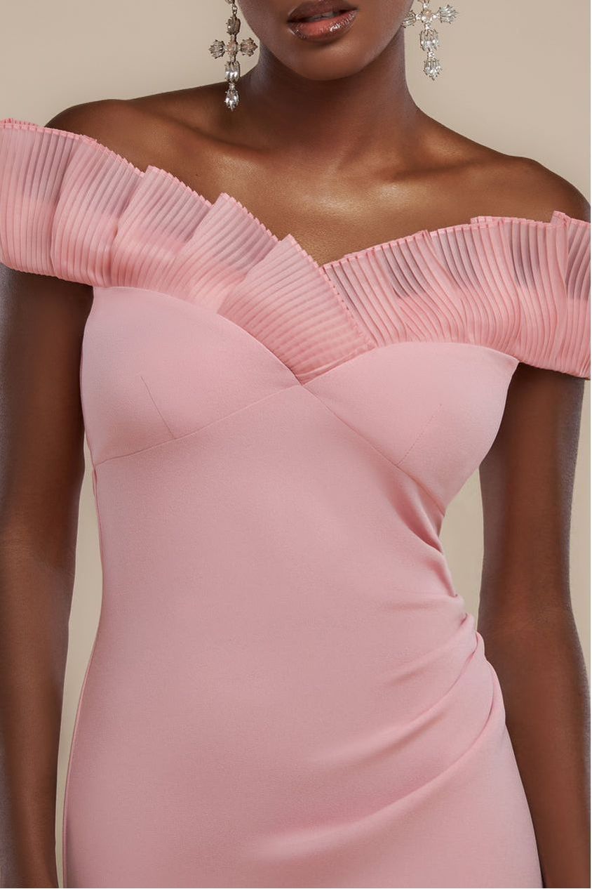 Fan Pleated Bardot Scuba Crepe Maxi Dress - Blush Pink DR4070