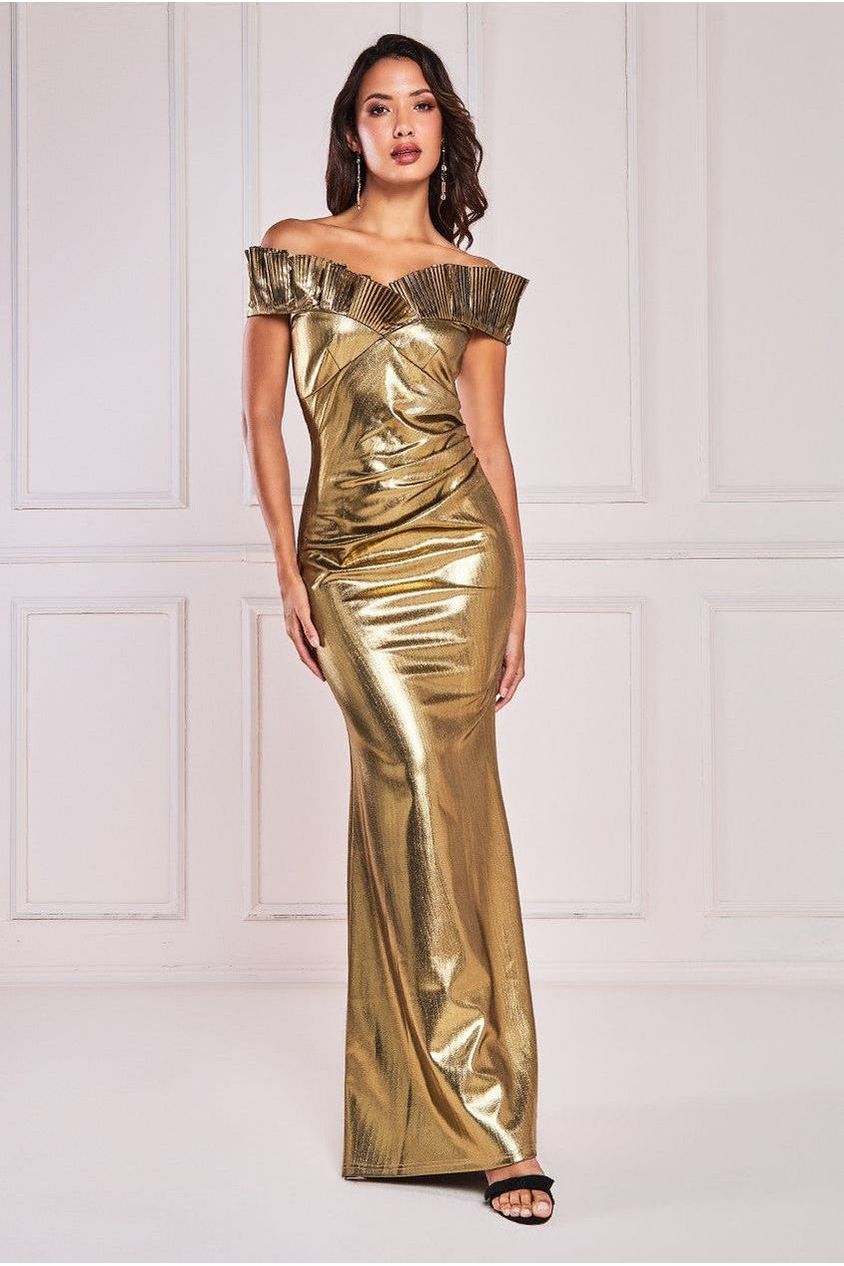 Fan Pleated Bardot Scuba Crepe Maxi - Gold DR4070