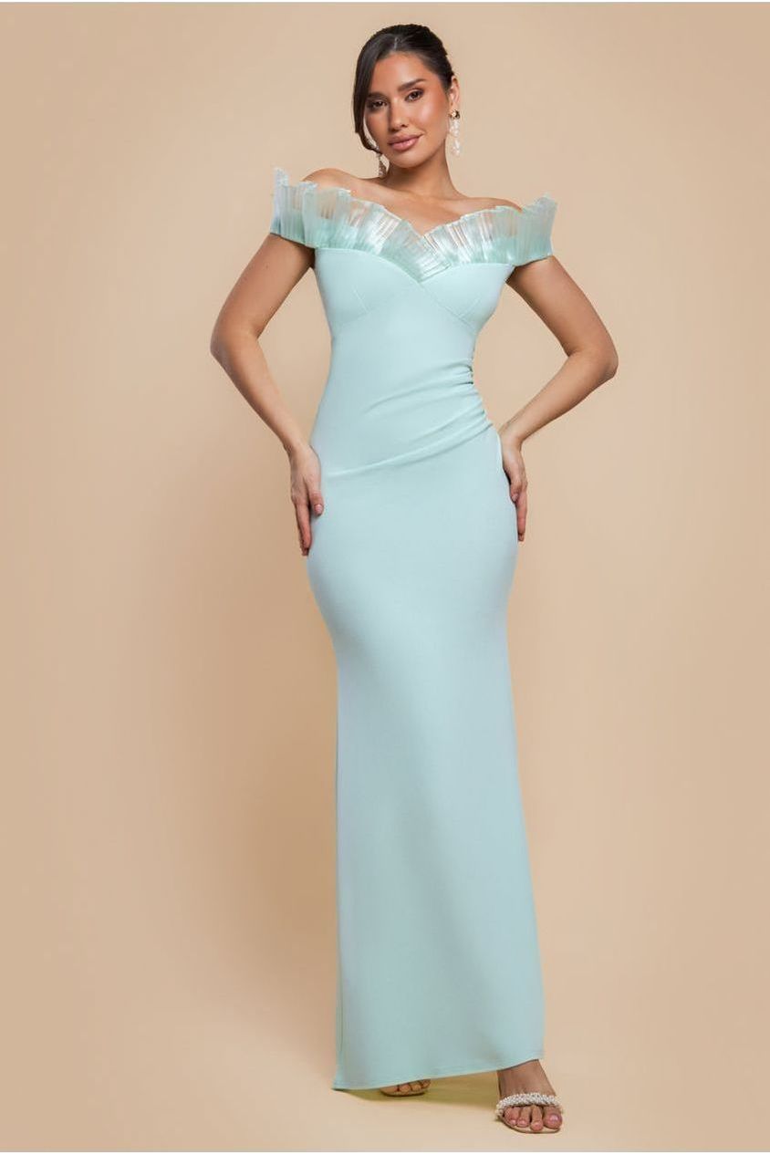 Fan Pleated Bardot Scuba Crepe Maxi Dress - Mint Green DR4070