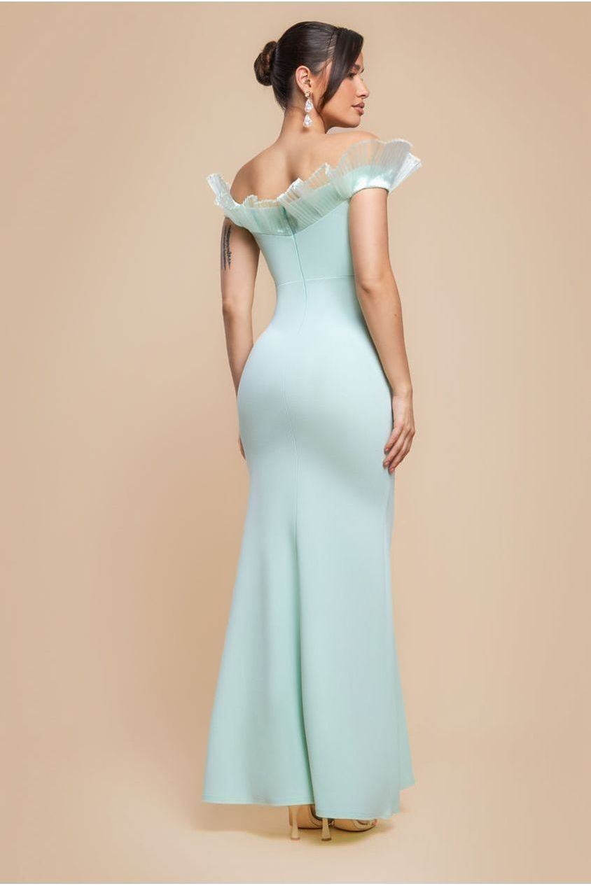 Fan Pleated Bardot Scuba Crepe Maxi Dress - Mint Green DR4070