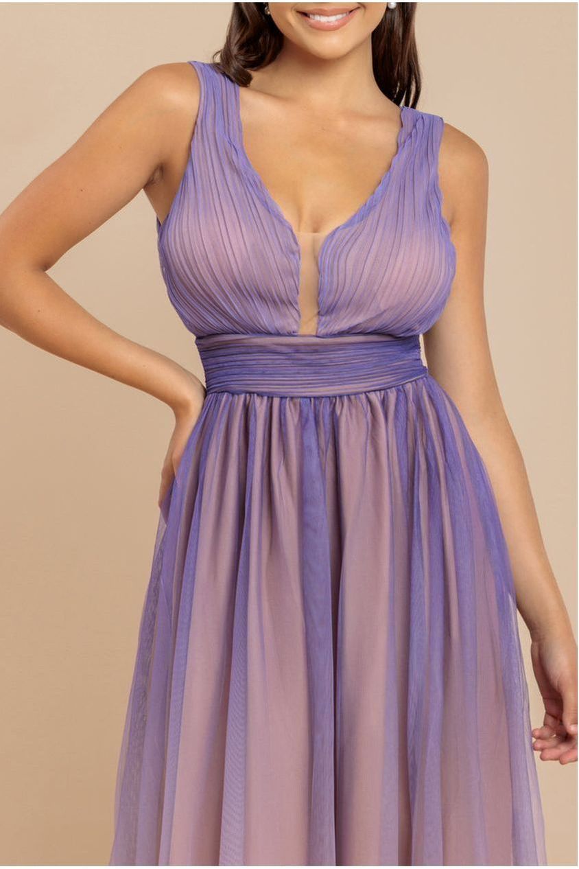Sleeveless Ombre Pleated A-Line Maxi Dress - Lilac Ombre DR4083