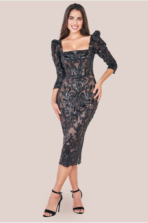 Square Neck Scalloped Embroidered Sequin Midi Dress - Black by Goddiva