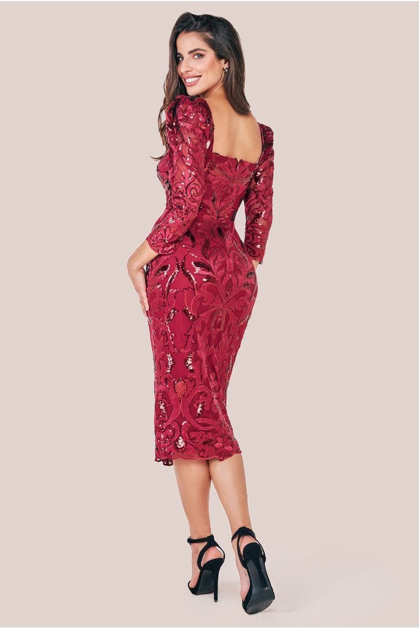 Square Neck Scalloped Embroidered Sequin Midi Dress - Wine DR4124