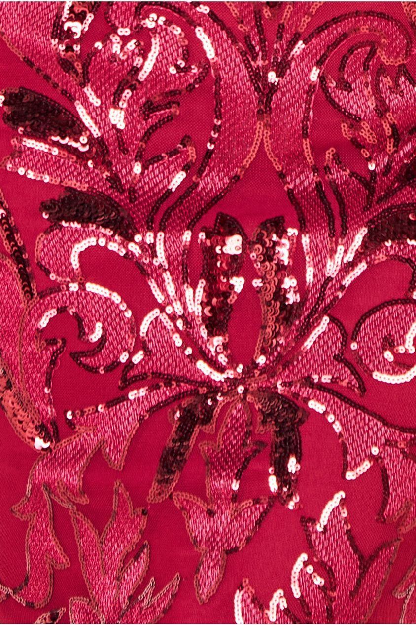 Square Neck Scalloped Embroidered Sequin Midi Dress - Wine DR4124