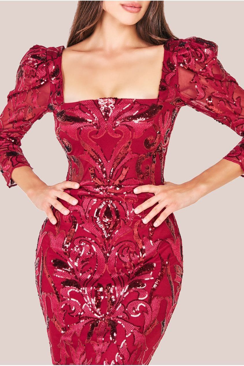 Square Neck Scalloped Embroidered Sequin Midi Dress - Wine DR4124