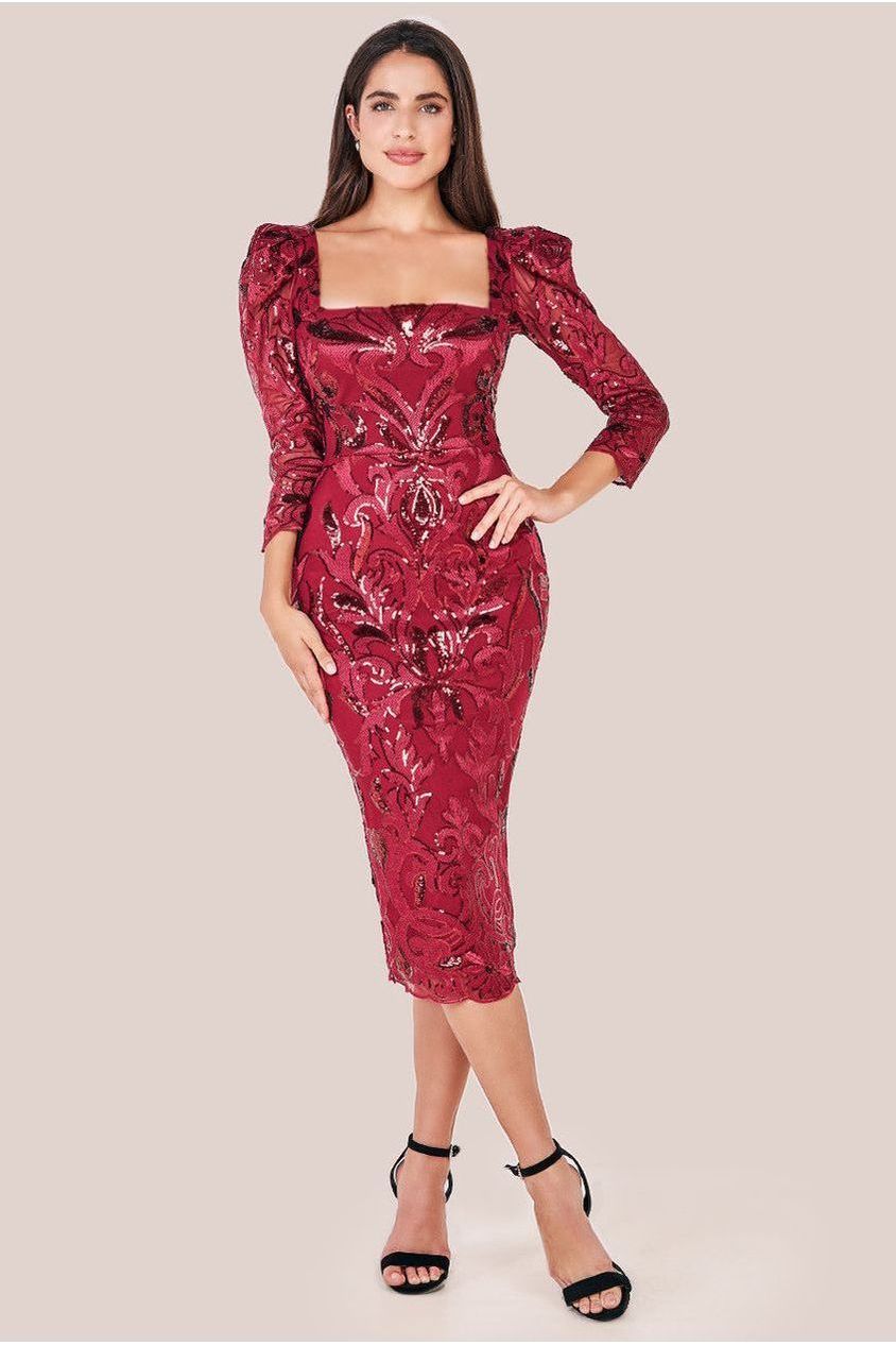 Square Neck Scalloped Embroidered Sequin Midi Dress - Wine DR4124
