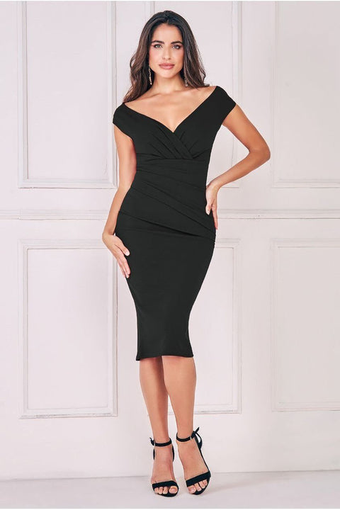 Scuba Bardot Pleated Midi Dress - Black by Goddiva
