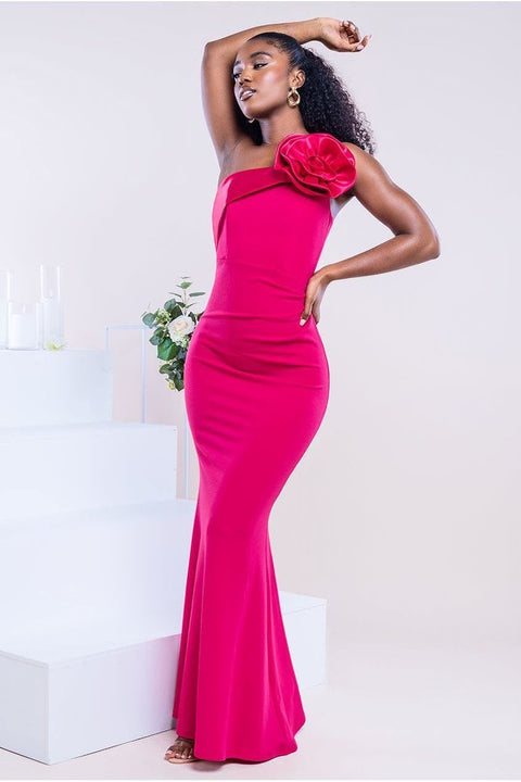 Satin Corsage Scuba Crepe Maxi Dress - Magenta by Goddiva