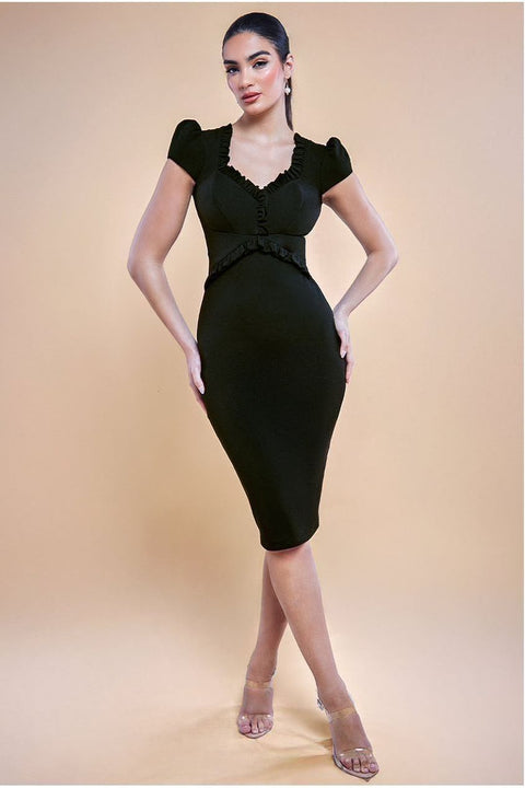 Cap Sleeve Frill Edge Midi Dress - Black by Goddiva