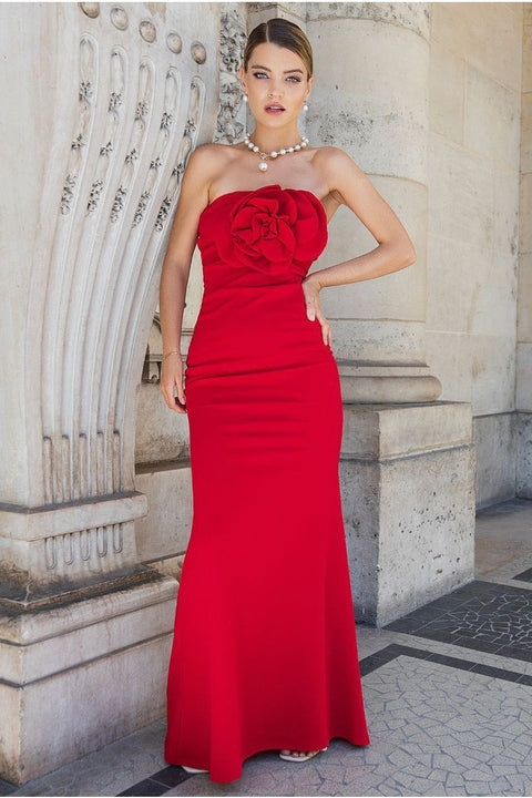 Scuba Crepe Bandeau Rose Maxi Dress - Red by Goddiva