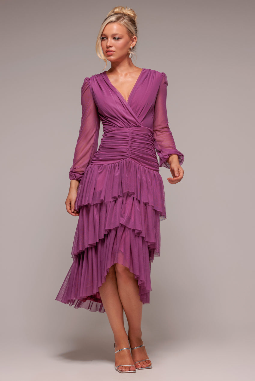 Gathered High & Low Tiered Midaxi Dress - Berry DR4262QZ