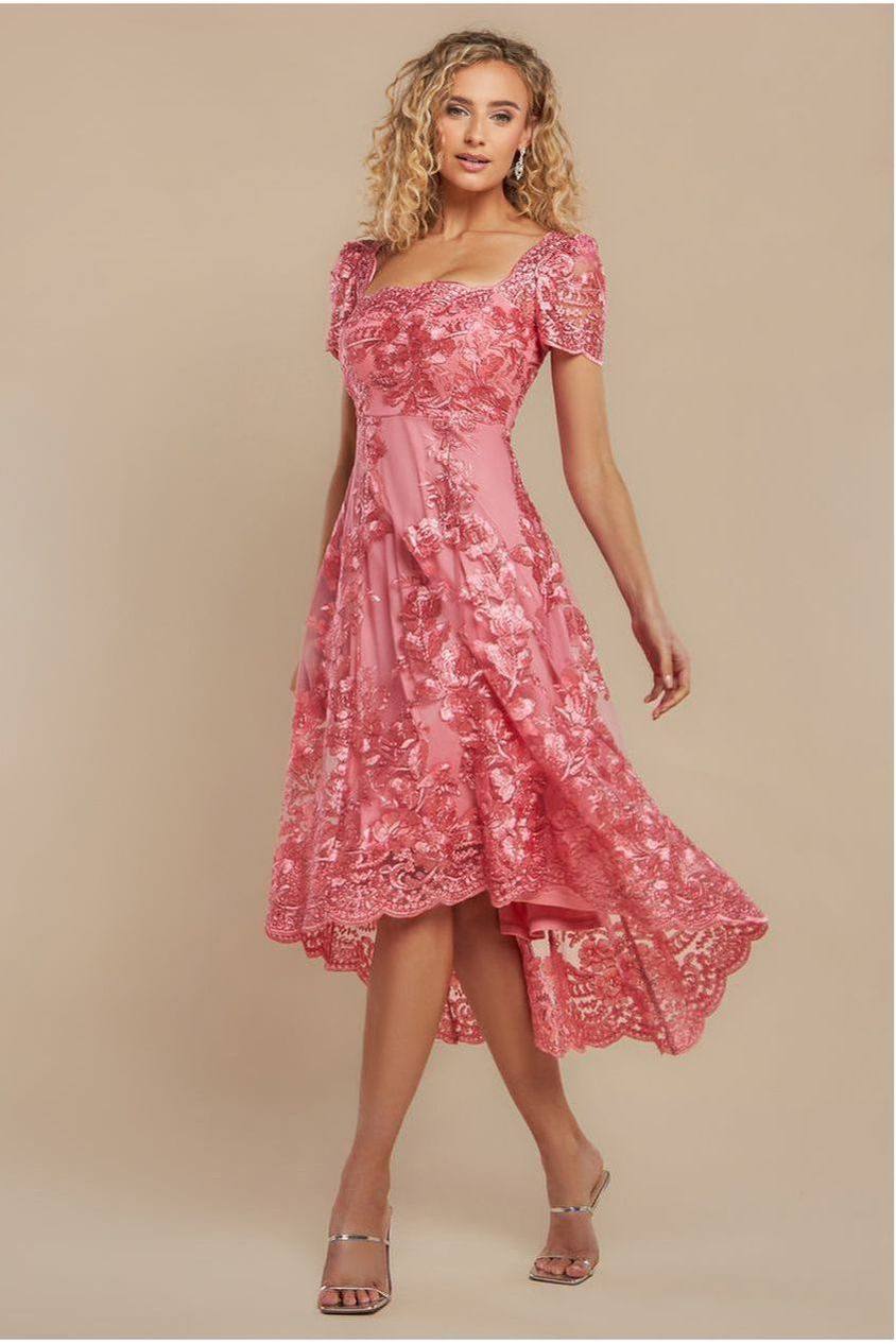 Scalloped Neck Embroidered Lace High Low Midi Dress - Coral DR4265